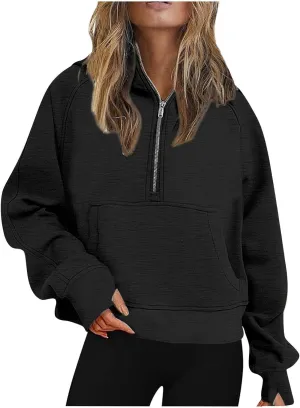 Womens Half Zip Sweatshirts 2024 Fleece Hooded Pullover Sweatshirts Thumb Hole Cropped Long Sleeve Tops with Pockets