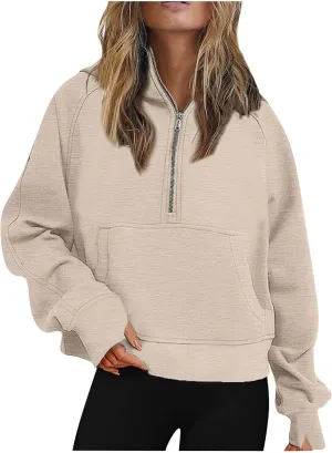 Womens Half Zip Sweatshirts 2024 Fleece Hooded Pullover Sweatshirts Thumb Hole Cropped Long Sleeve Tops with Pockets