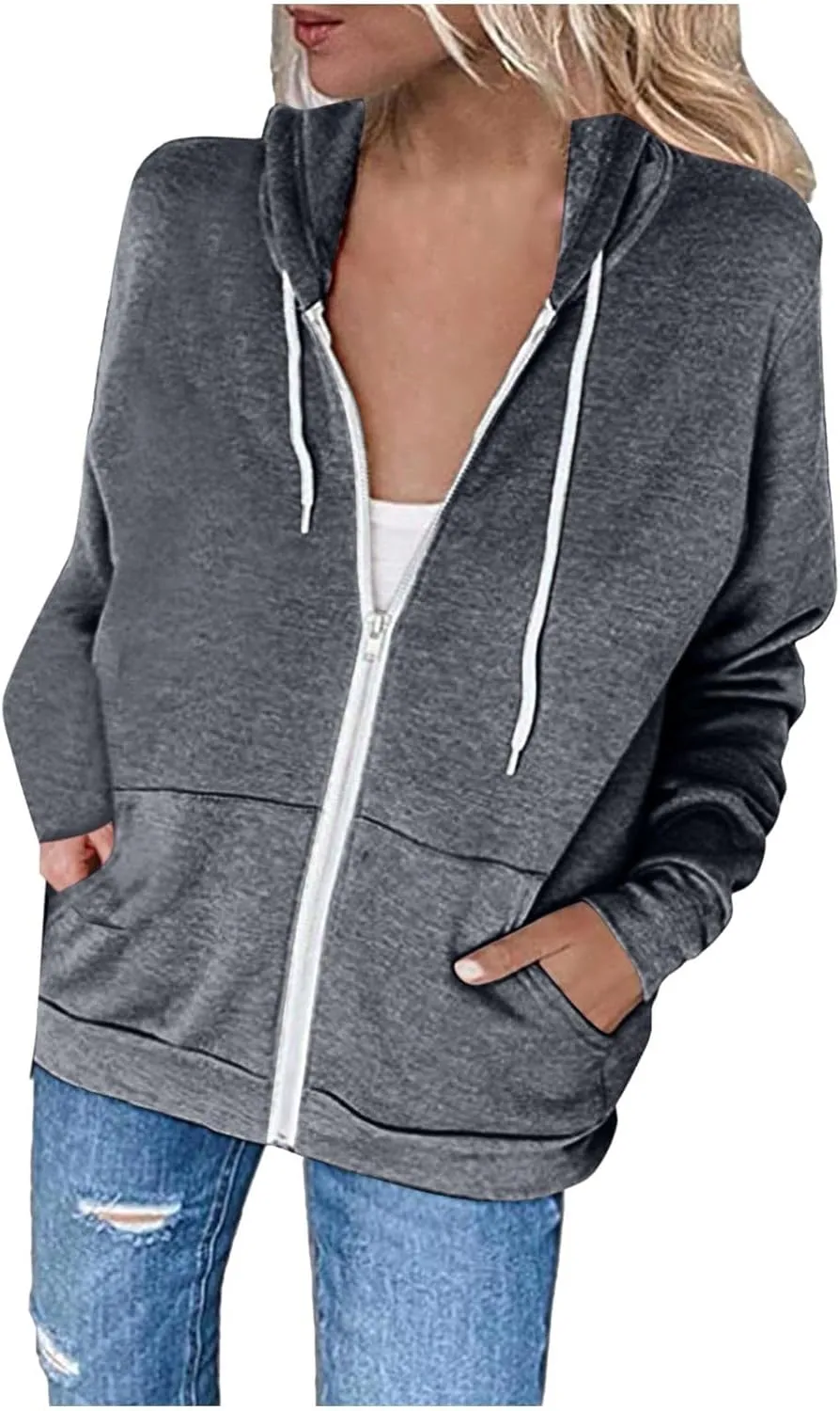 Womens Hoodies Zip Up Long Sleeve Fall Oversized Sweatshirts Fleece Soft Jacket With Pockets 2024 Fashion Clothes