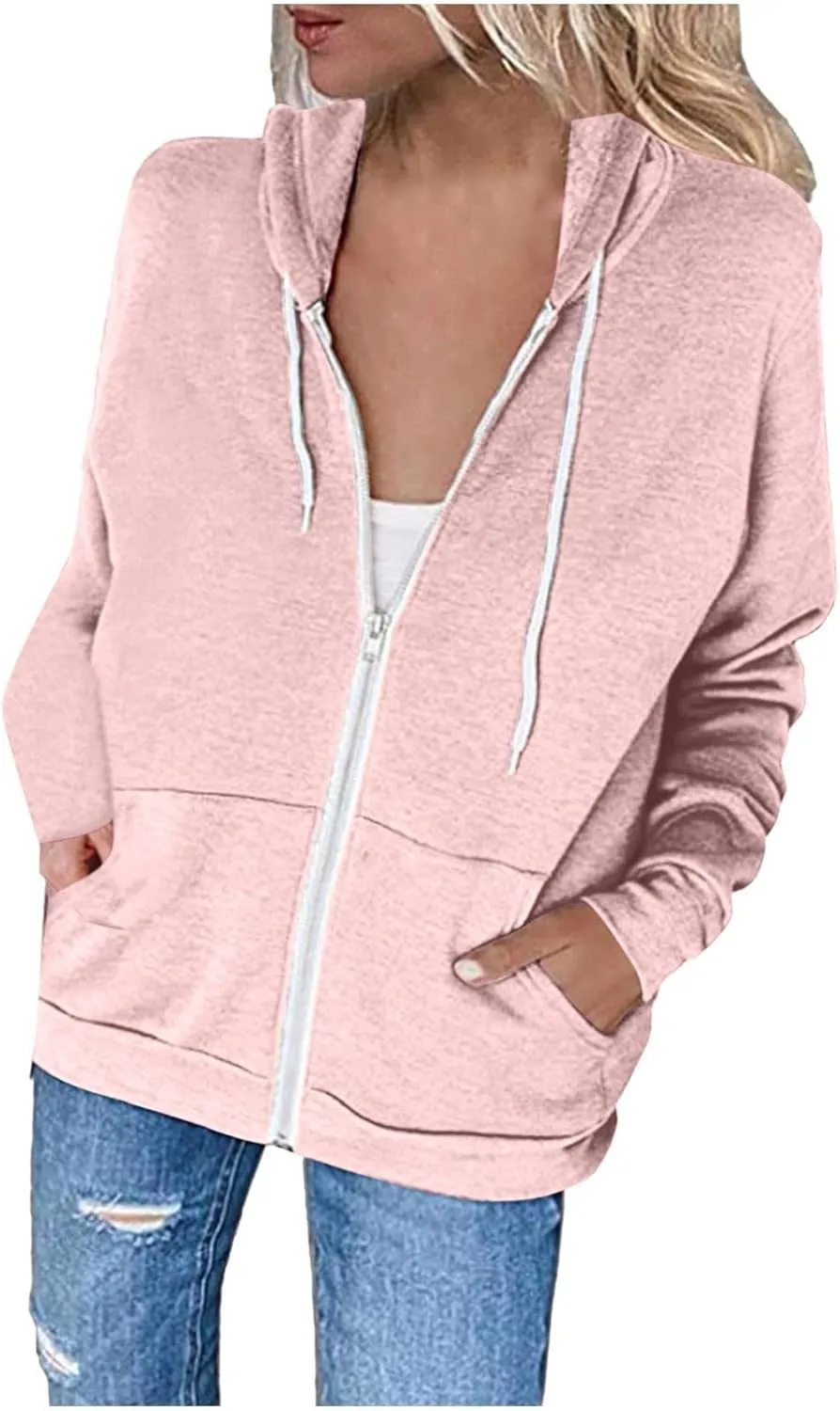 Womens Hoodies Zip Up Long Sleeve Fall Oversized Sweatshirts Fleece Soft Jacket With Pockets 2024 Fashion Clothes