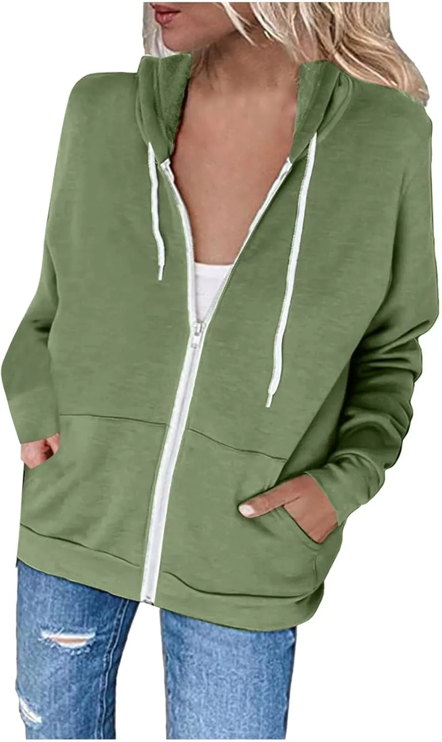 Womens Hoodies Zip Up Long Sleeve Fall Oversized Sweatshirts Fleece Soft Jacket With Pockets 2024 Fashion Clothes