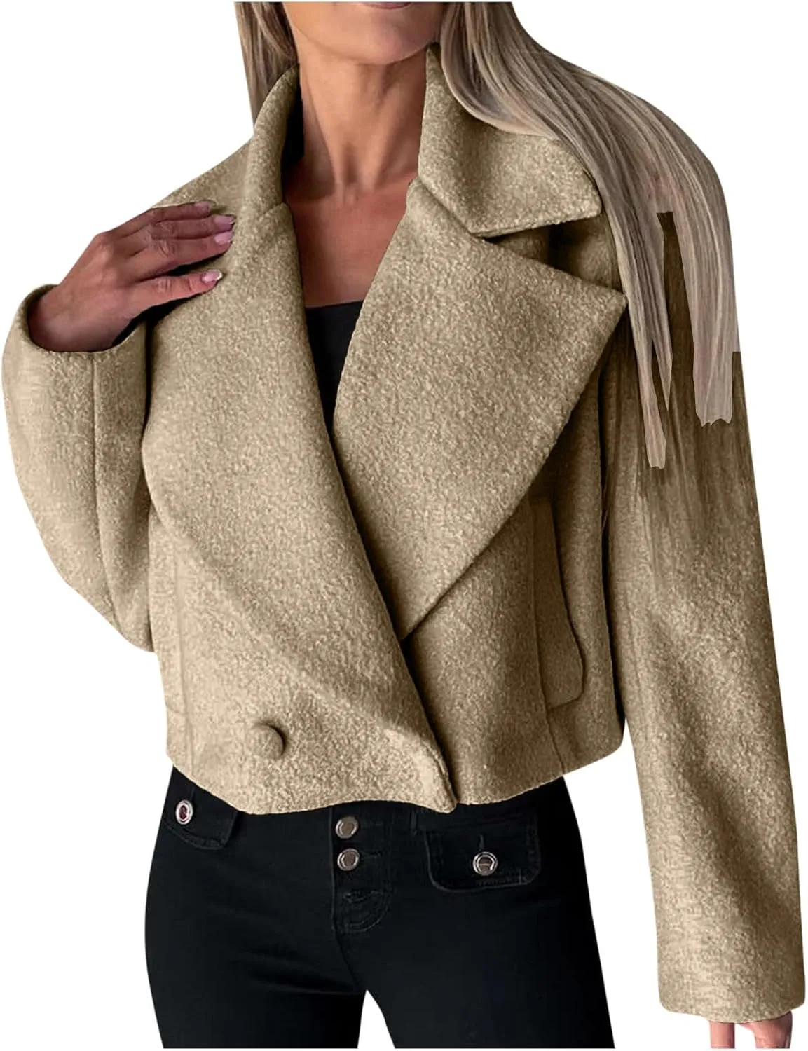 Women's Lapel Cropped Coats Wool Blend Business Casual Trench Coats Long Sleeve Open Front Button Up Dressy Jackets