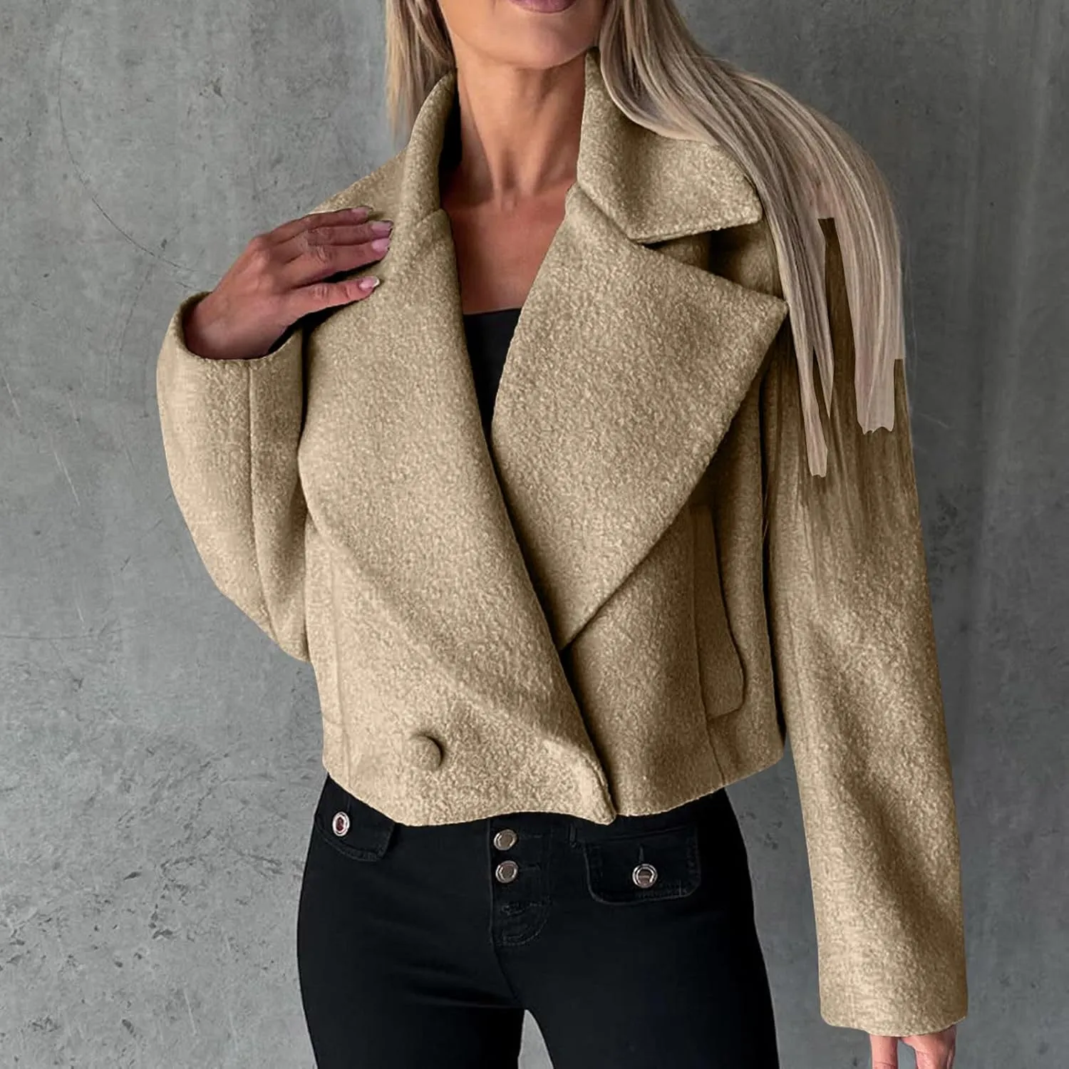 Women's Lapel Cropped Coats Wool Blend Business Casual Trench Coats Long Sleeve Open Front Button Up Dressy Jackets