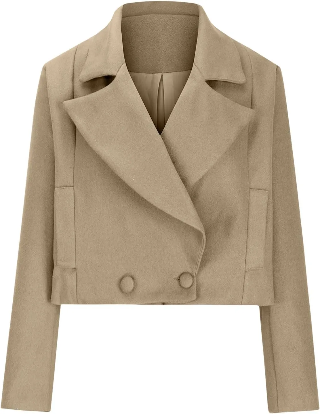 Women's Lapel Cropped Coats Wool Blend Business Casual Trench Coats Long Sleeve Open Front Button Up Dressy Jackets