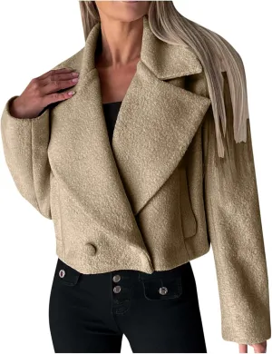 Women's Lapel Cropped Coats Wool Blend Business Casual Trench Coats Long Sleeve Open Front Button Up Dressy Jackets