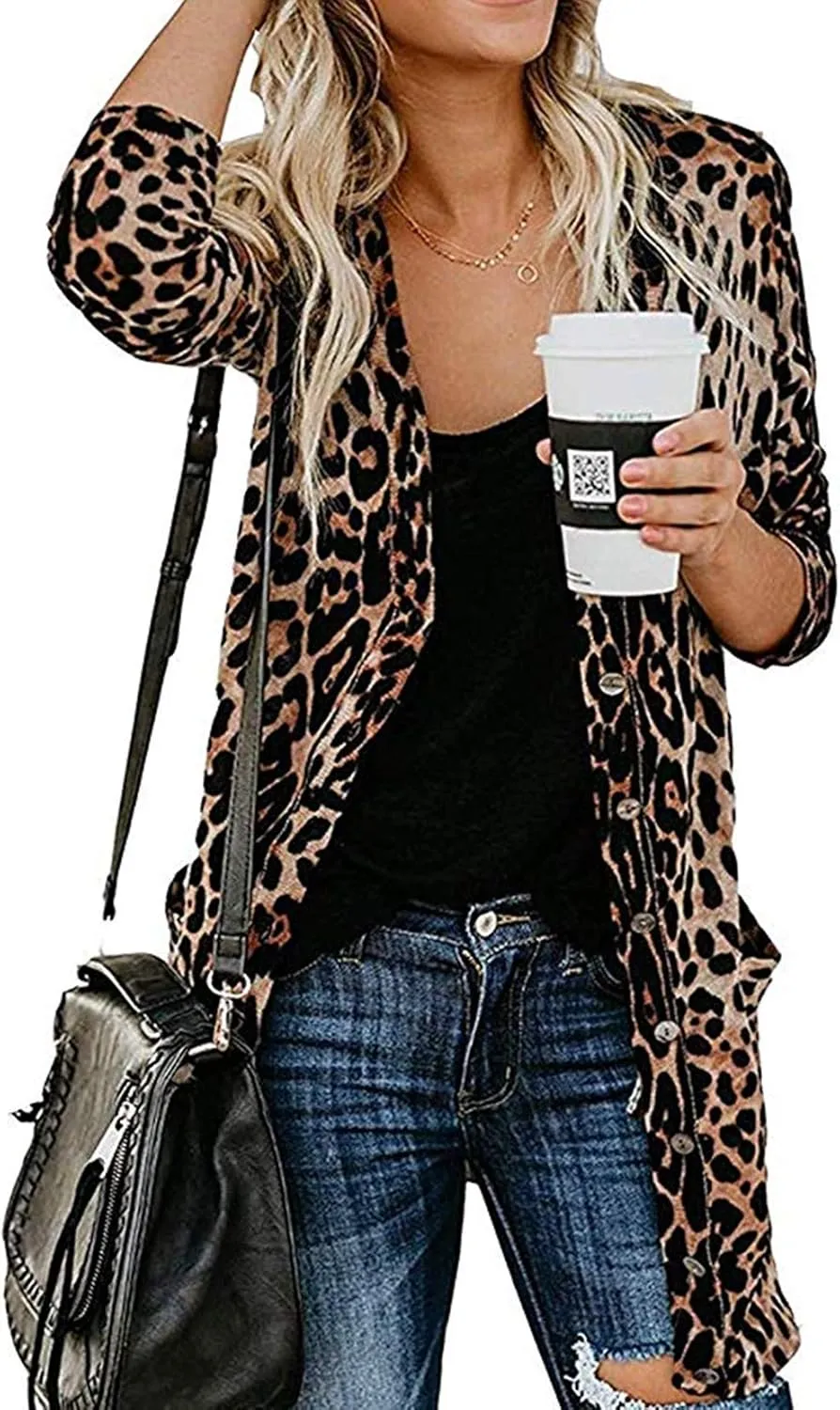 Womens Leopard Print Cardigan Lightweight Long Sleeve Open Front Fall Cardigans S-XXL