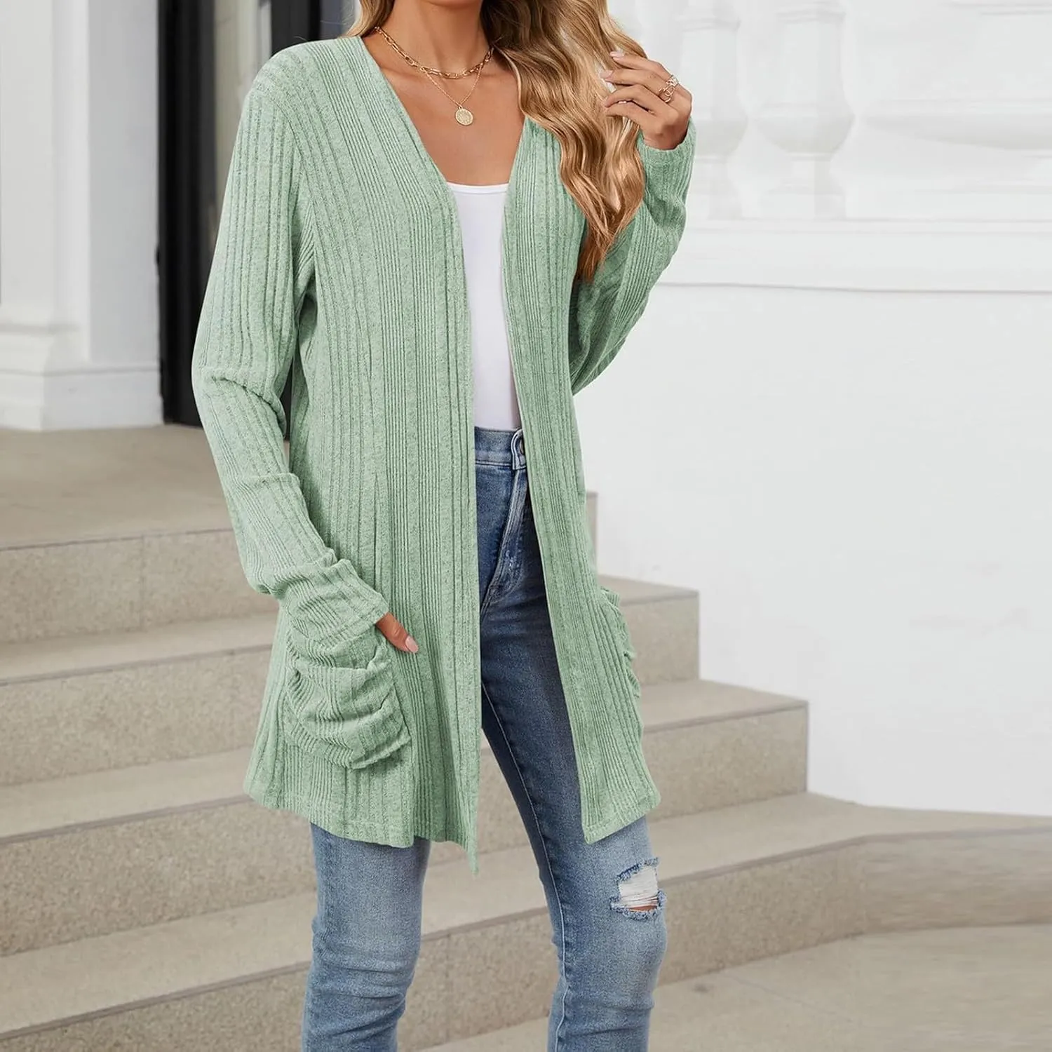 Womens Lightweight Open Front Cardigan Casual Long Sleeve Cable Knit Cardigan Sweaters 2024 Fall Outfits with Pockets