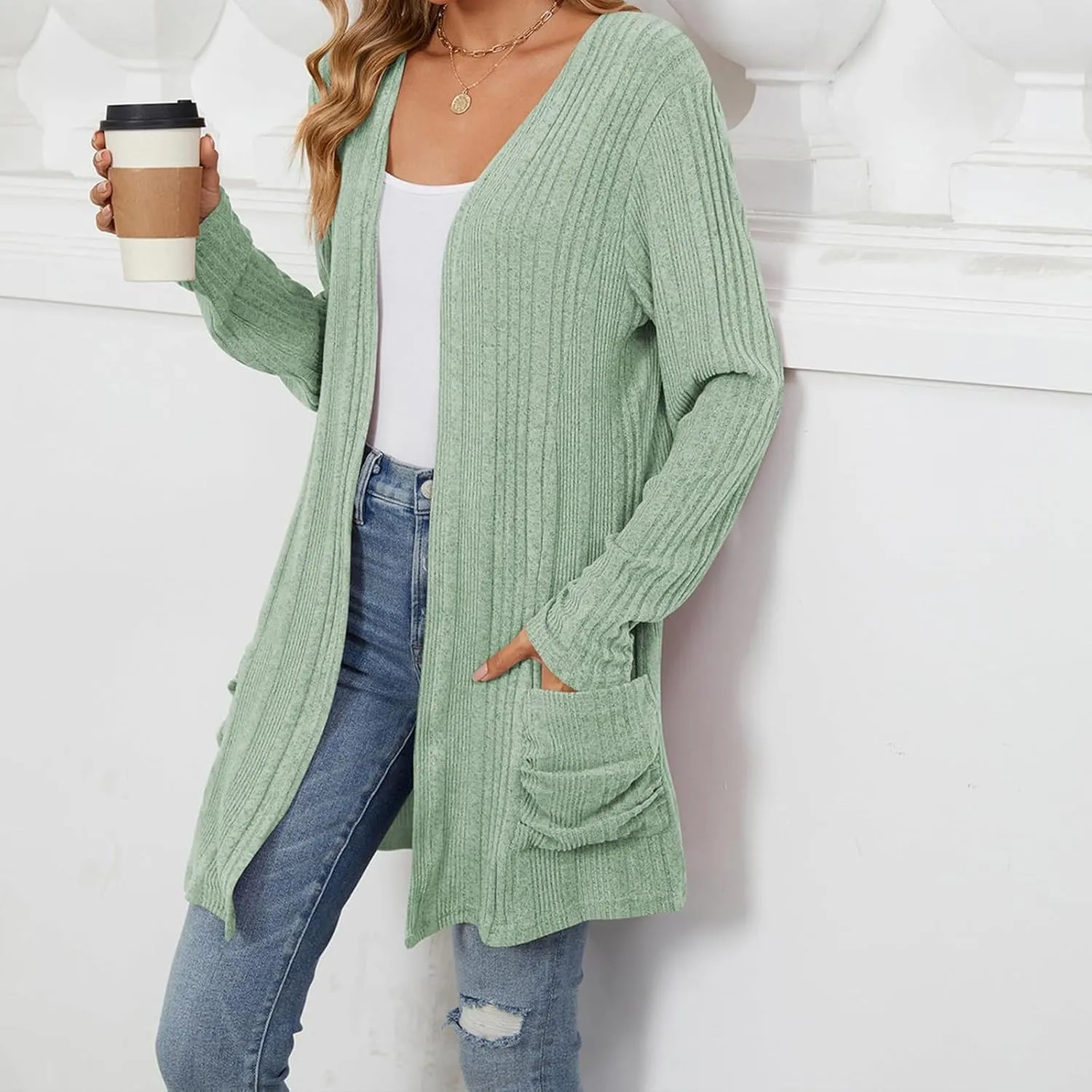 Womens Lightweight Open Front Cardigan Casual Long Sleeve Cable Knit Cardigan Sweaters 2024 Fall Outfits with Pockets