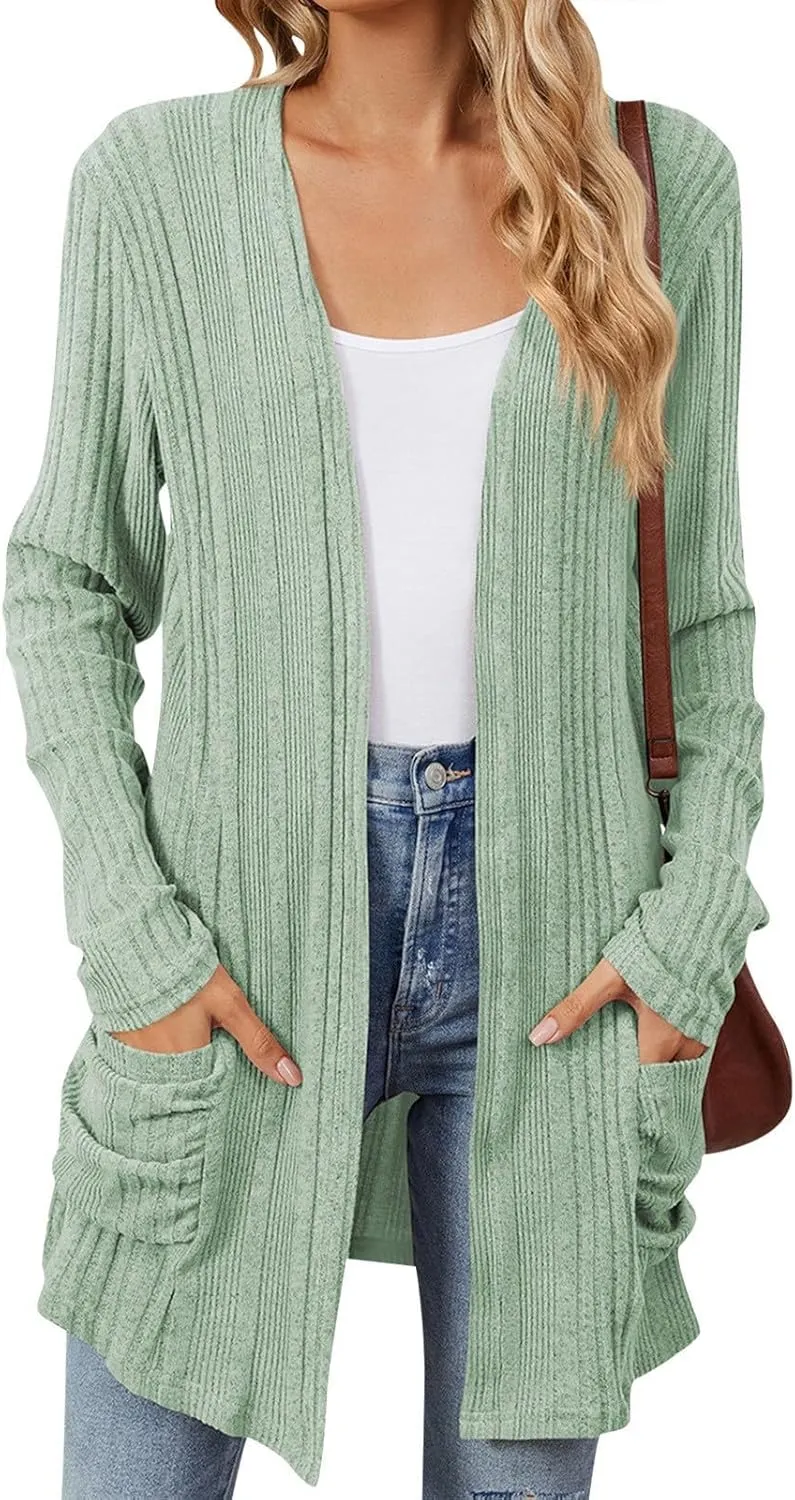 Womens Lightweight Open Front Cardigan Casual Long Sleeve Cable Knit Cardigan Sweaters 2024 Fall Outfits with Pockets