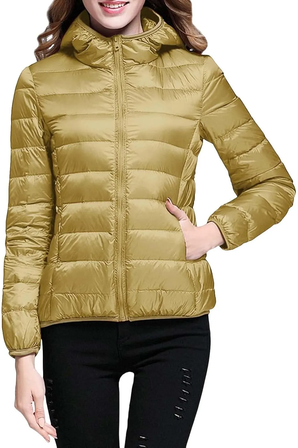 Women's Lightweight Puffer Jacket with Hood Pockets Quilted Padded Full-zip Winter Coat