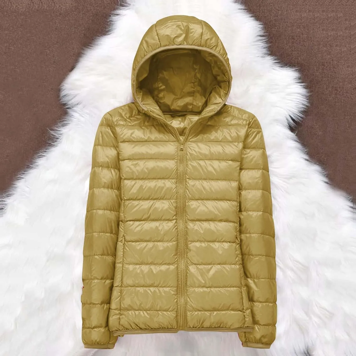 Women's Lightweight Puffer Jacket with Hood Pockets Quilted Padded Full-zip Winter Coat