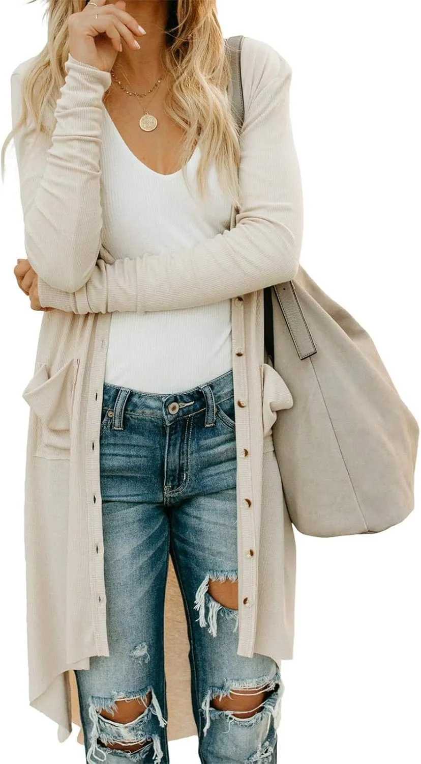 Womens Long Cardigans Open Front Button Sweater Long Sleeve Knit Sweaters Coats Outerwear with Pockets