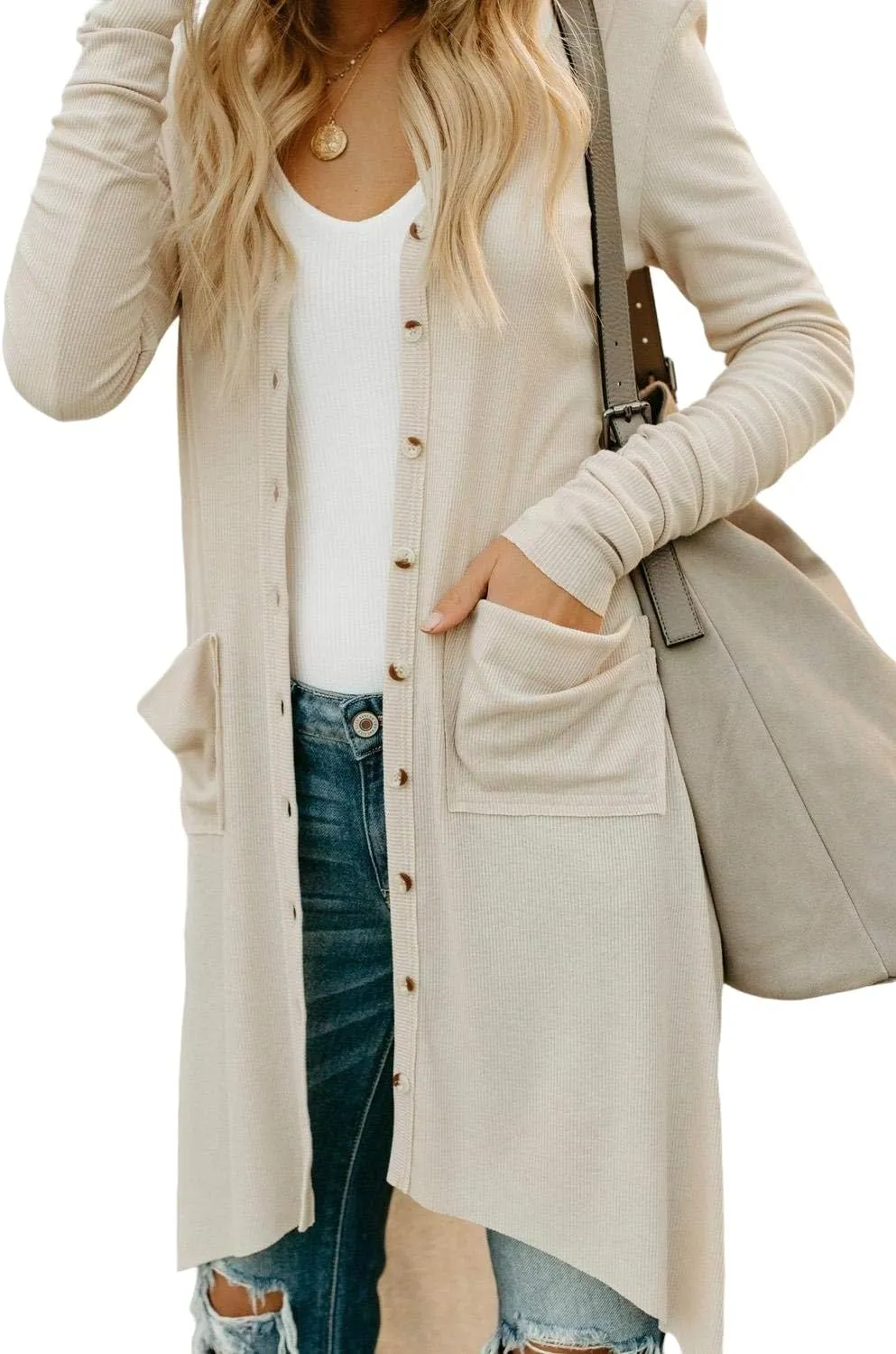 Womens Long Cardigans Open Front Button Sweater Long Sleeve Knit Sweaters Coats Outerwear with Pockets