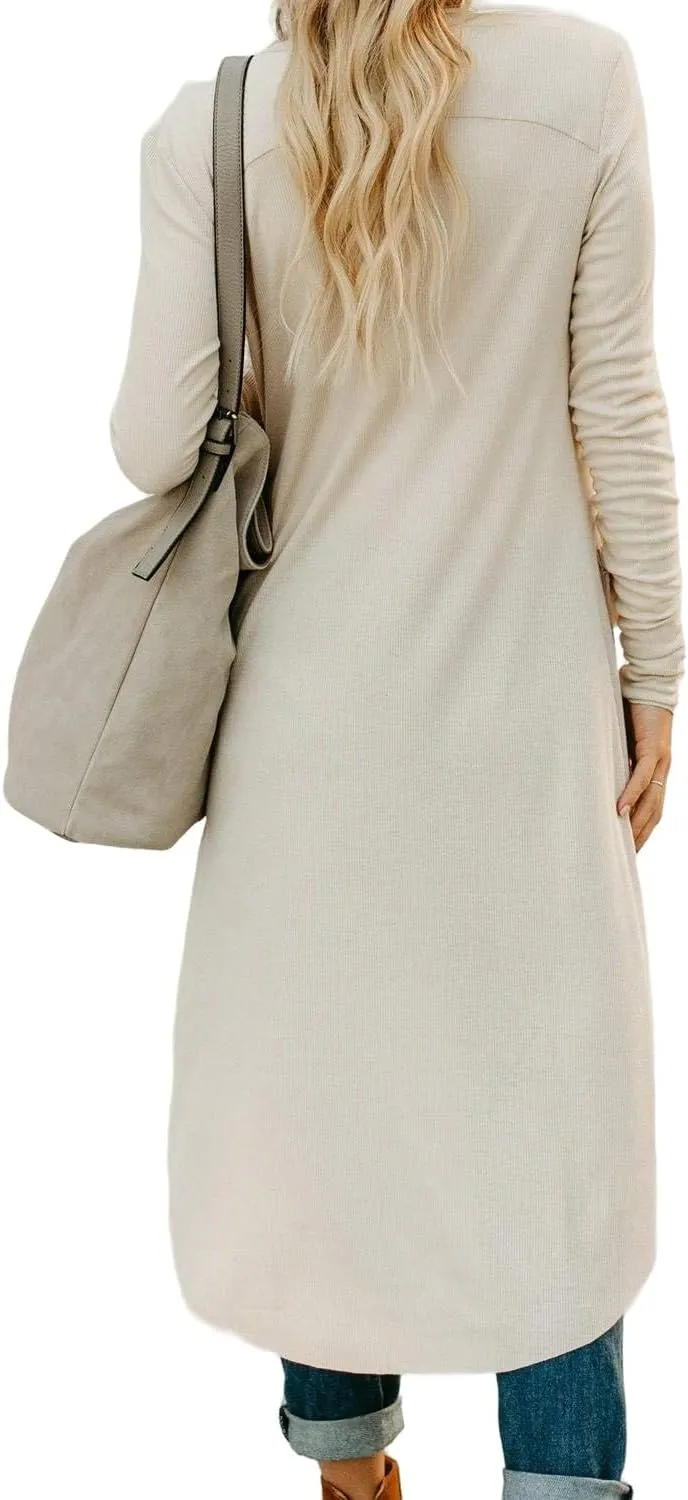 Womens Long Cardigans Open Front Button Sweater Long Sleeve Knit Sweaters Coats Outerwear with Pockets