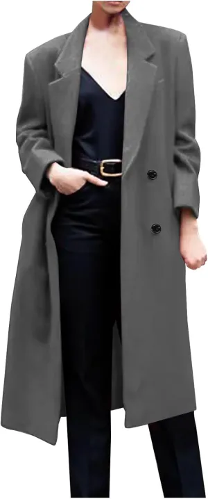 Womens Long Double Breasted Coats Lapel Collar Wool Blend Pea Coat Winter Slim Fit Jackets Trench Jacket Outwear