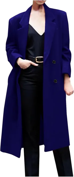 Womens Long Double Breasted Coats Lapel Collar Wool Blend Pea Coat Winter Slim Fit Jackets Trench Jacket Outwear
