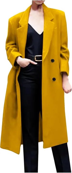 Womens Long Double Breasted Coats Lapel Collar Wool Blend Pea Coat Winter Slim Fit Jackets Trench Jacket Outwear
