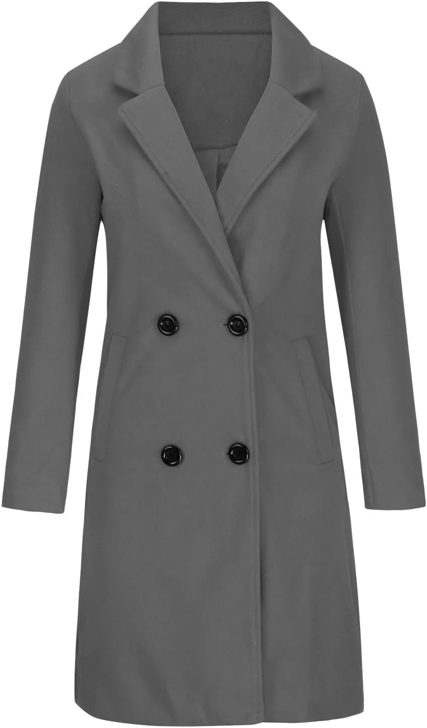Womens Long Double Breasted Coats Lapel Collar Wool Blend Pea Coat Winter Slim Fit Jackets Trench Jacket Outwear