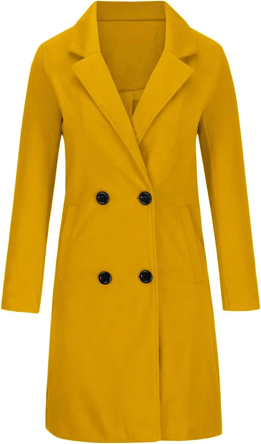 Womens Long Double Breasted Coats Lapel Collar Wool Blend Pea Coat Winter Slim Fit Jackets Trench Jacket Outwear