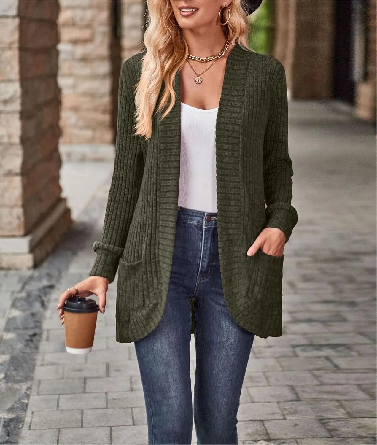 Women's Long Sleeve Basic Open Front Cardigan Solid Ribbed Knit Sweater Tops Soft Mid Long Sweater Cardigans Pockets