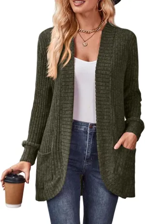 Women's Long Sleeve Basic Open Front Cardigan Solid Ribbed Knit Sweater Tops Soft Mid Long Sweater Cardigans Pockets