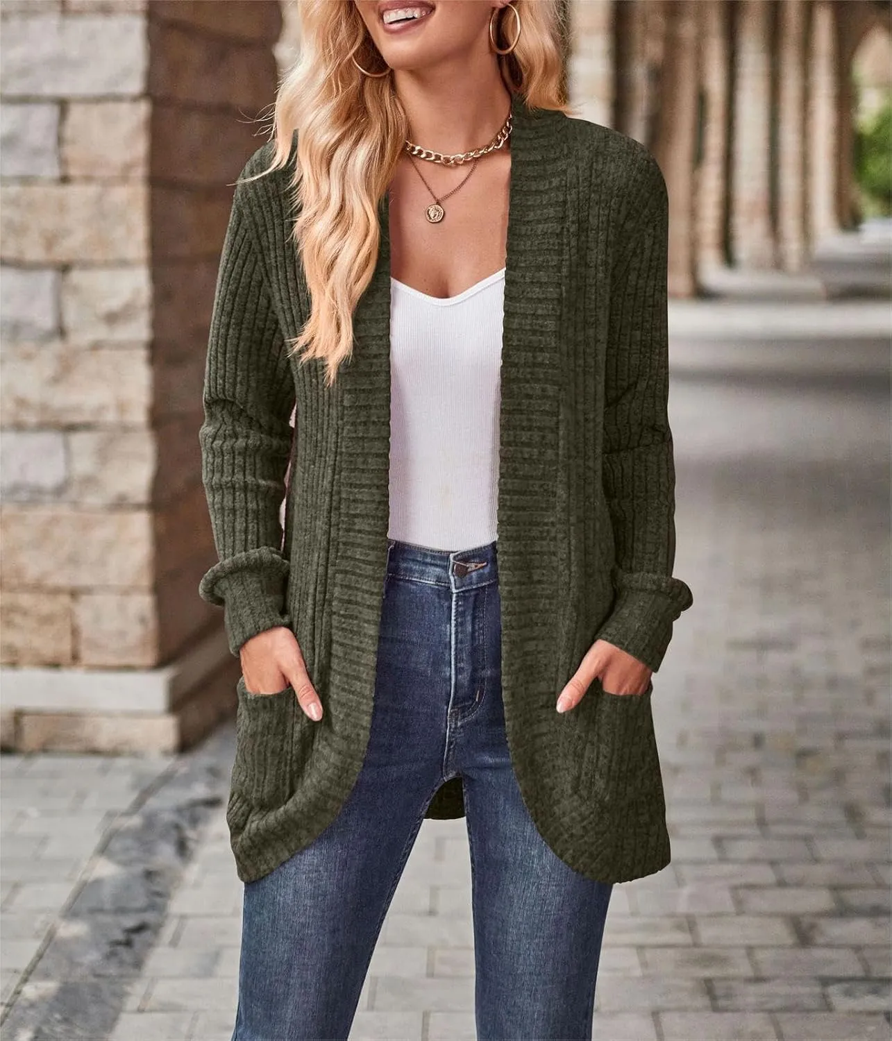 Women's Long Sleeve Basic Open Front Cardigan Solid Ribbed Knit Sweater Tops Soft Mid Long Sweater Cardigans Pockets