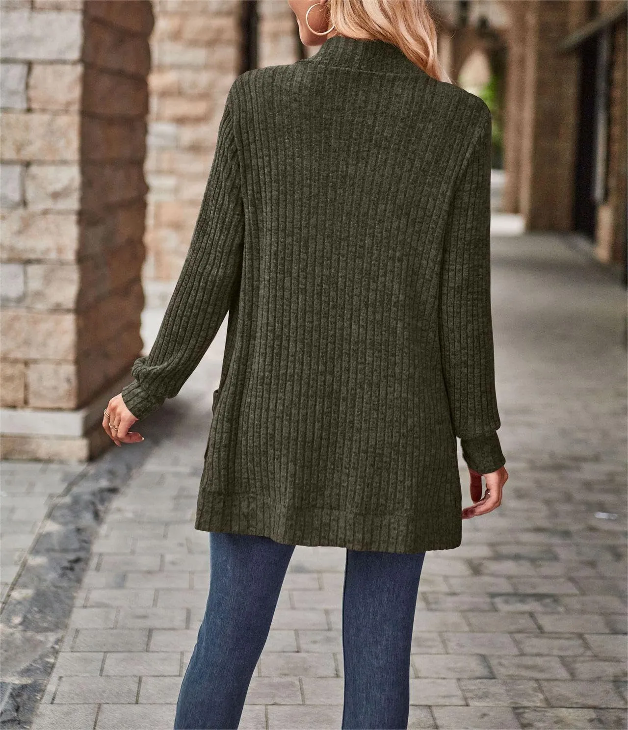 Women's Long Sleeve Basic Open Front Cardigan Solid Ribbed Knit Sweater Tops Soft Mid Long Sweater Cardigans Pockets