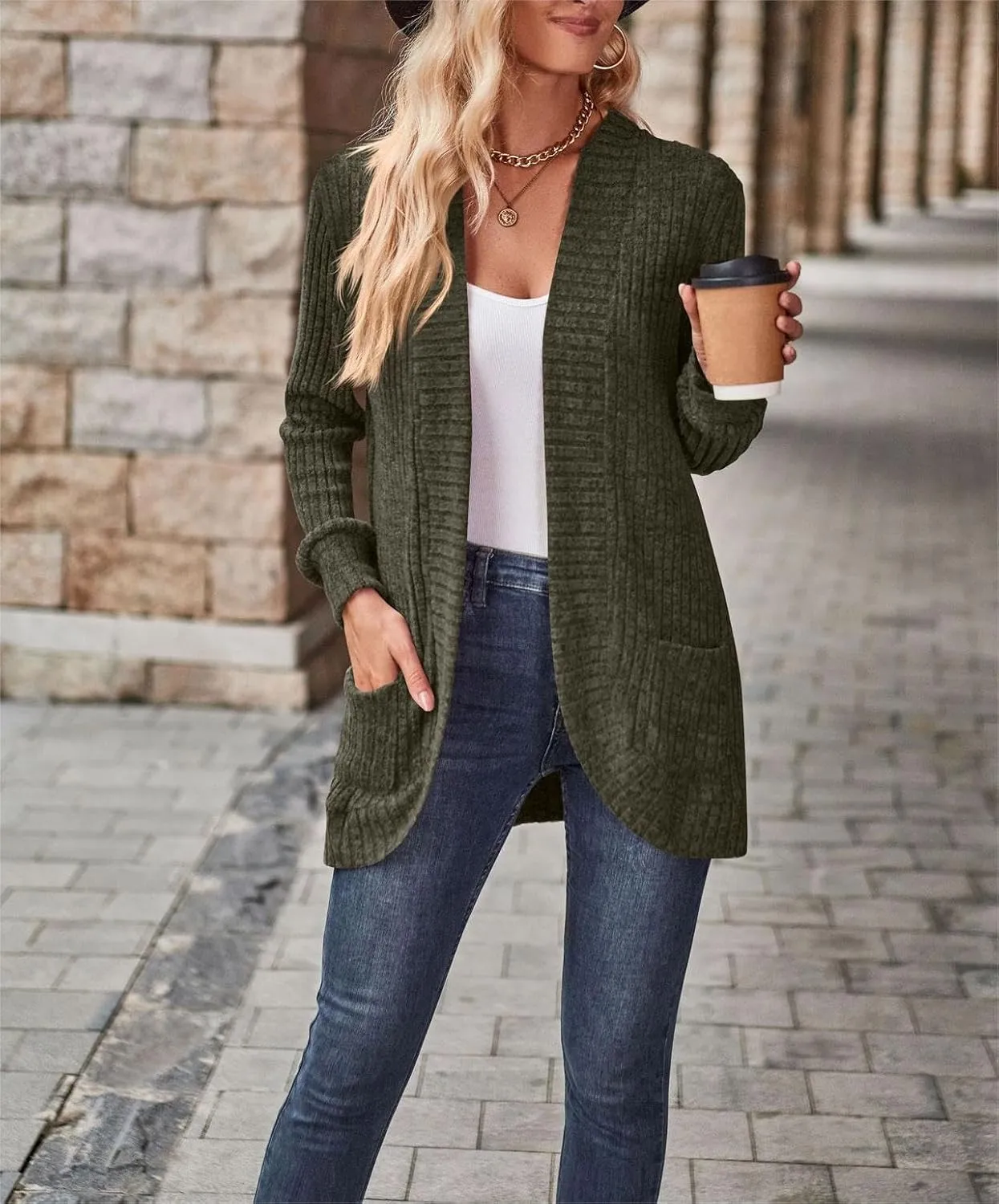 Women's Long Sleeve Basic Open Front Cardigan Solid Ribbed Knit Sweater Tops Soft Mid Long Sweater Cardigans Pockets