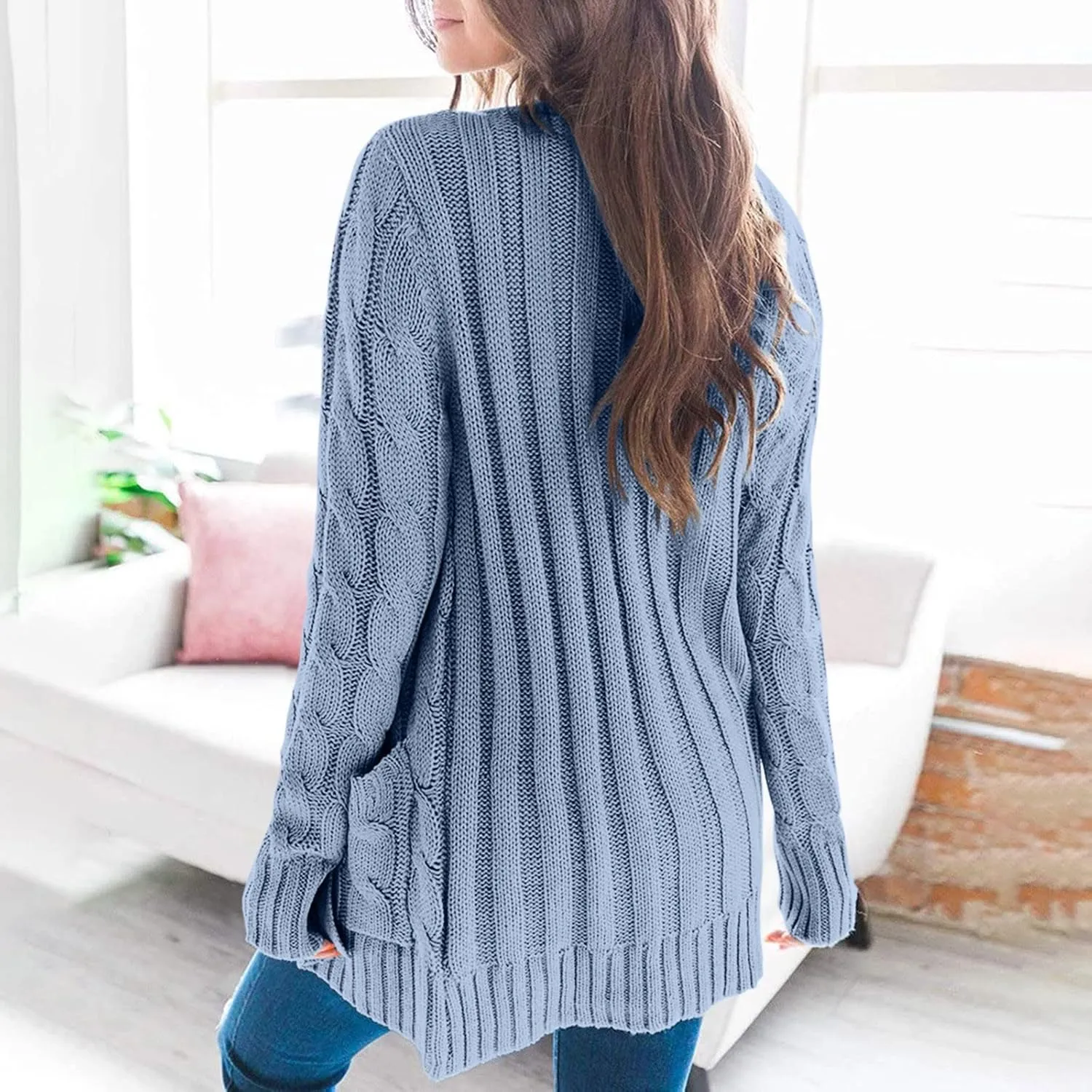Women's Long Sleeve Open Front Knitted Cardigan Sweater, Button Down Chunky Pullover Outwear Coat