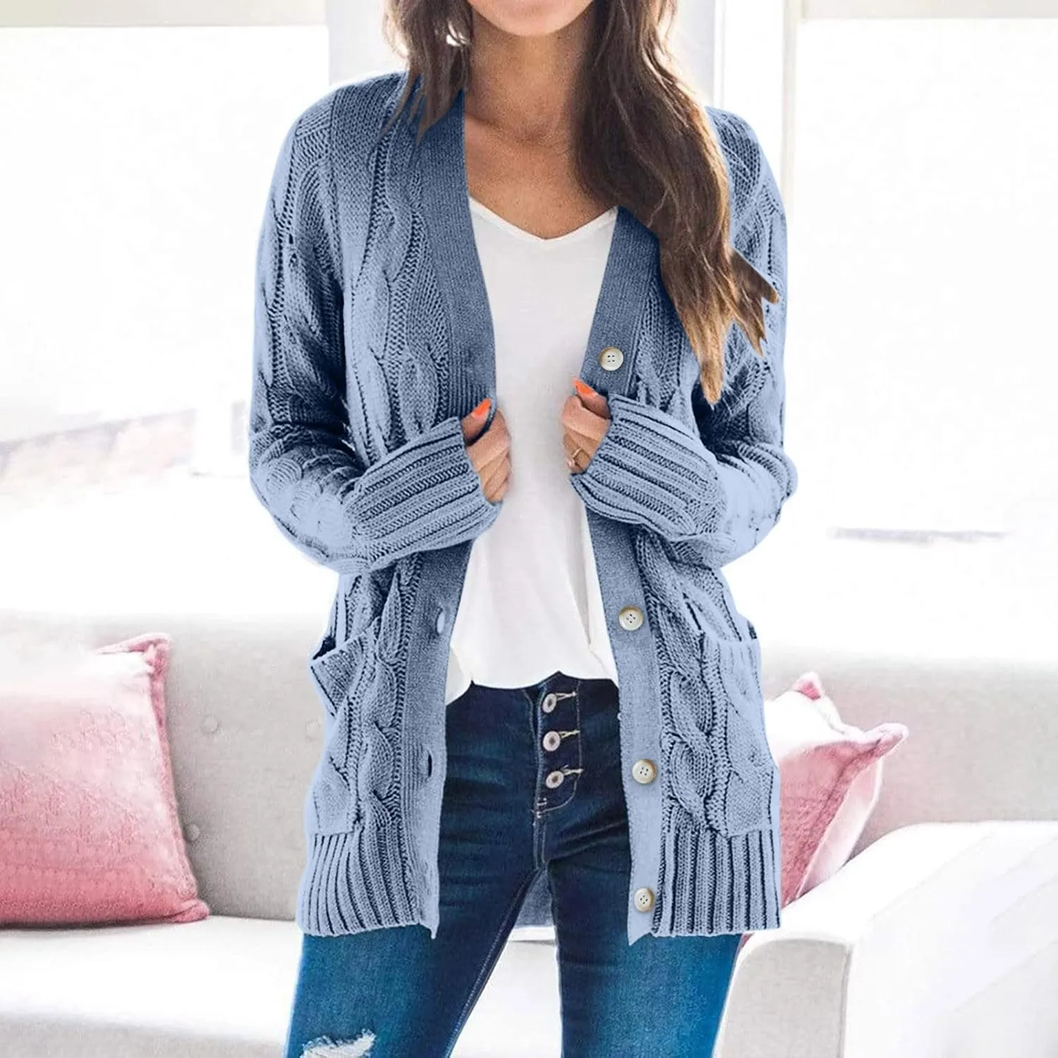 Women's Long Sleeve Open Front Knitted Cardigan Sweater, Button Down Chunky Pullover Outwear Coat
