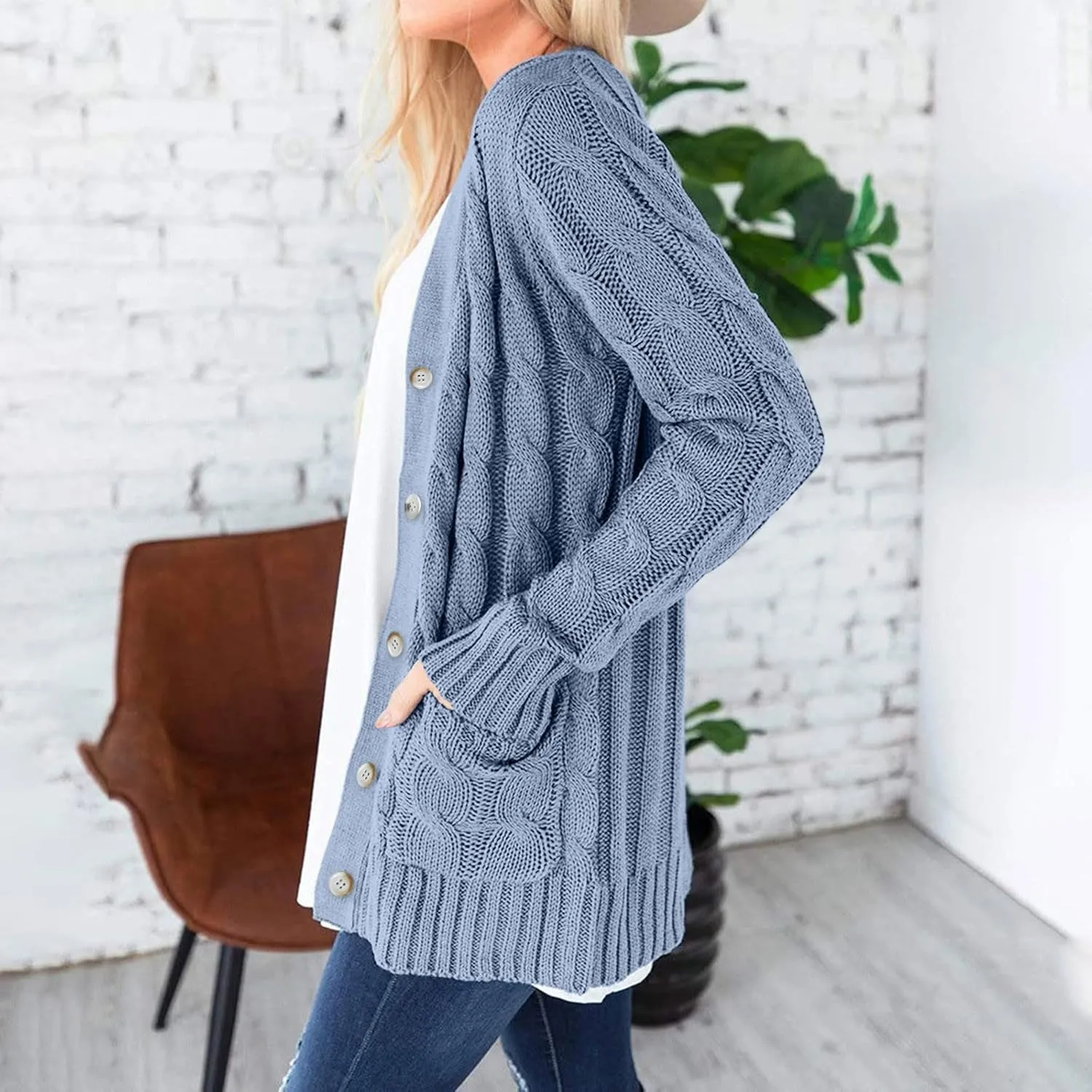 Women's Long Sleeve Open Front Knitted Cardigan Sweater, Button Down Chunky Pullover Outwear Coat