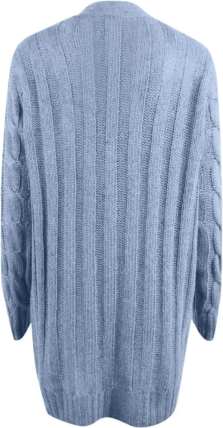 Women's Long Sleeve Open Front Knitted Cardigan Sweater, Button Down Chunky Pullover Outwear Coat