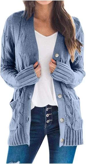 Women's Long Sleeve Open Front Knitted Cardigan Sweater, Button Down Chunky Pullover Outwear Coat