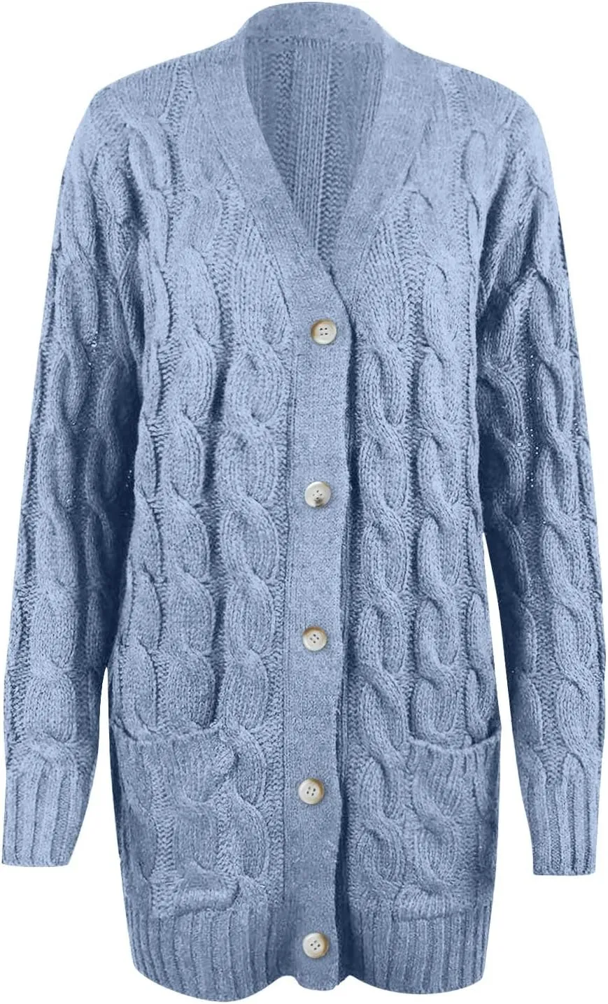 Women's Long Sleeve Open Front Knitted Cardigan Sweater, Button Down Chunky Pullover Outwear Coat