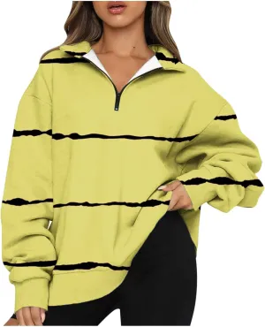 Womens Long Sleeve Oversized Fleece Sweatshirts Striped Pullover Tops 1/4 Zipper Casual Trendy Fall Clothes