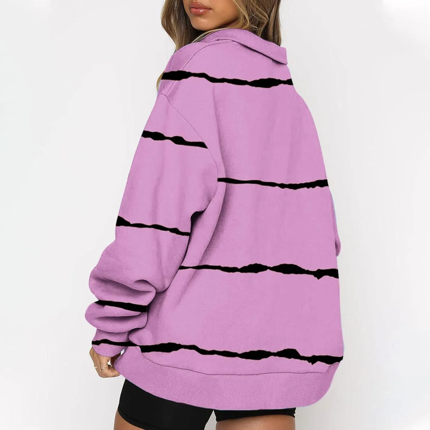Womens Long Sleeve Oversized Fleece Sweatshirts Striped Pullover Tops 1/4 Zipper Casual Trendy Fall Clothes