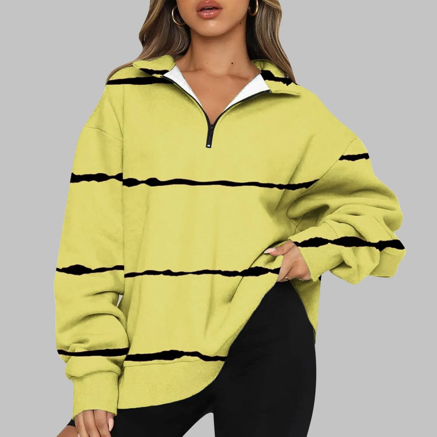 Womens Long Sleeve Oversized Fleece Sweatshirts Striped Pullover Tops 1/4 Zipper Casual Trendy Fall Clothes