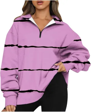 Womens Long Sleeve Oversized Fleece Sweatshirts Striped Pullover Tops 1/4 Zipper Casual Trendy Fall Clothes