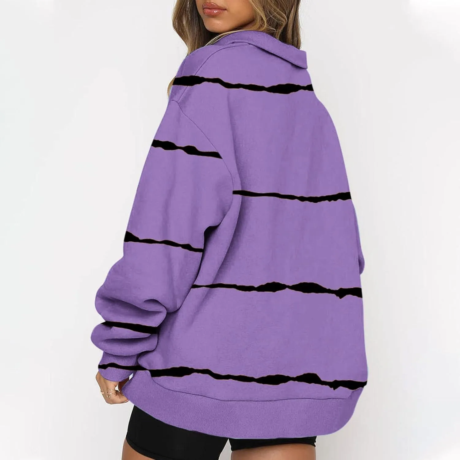 Womens Long Sleeve Oversized Fleece Sweatshirts Striped Pullover Tops 1/4 Zipper Casual Trendy Fall Clothes