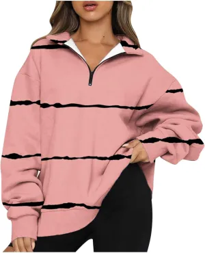Womens Long Sleeve Oversized Fleece Sweatshirts Striped Pullover Tops 1/4 Zipper Casual Trendy Fall Clothes