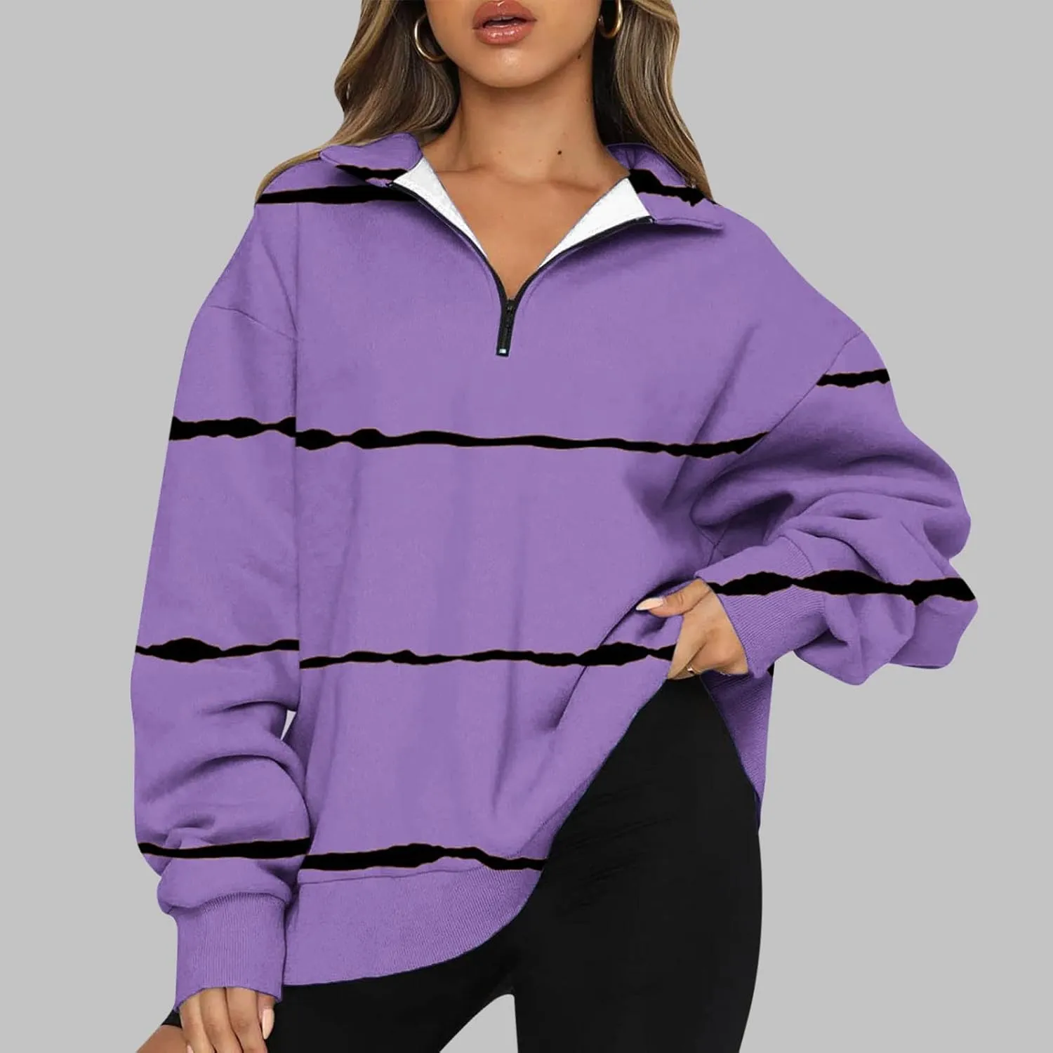 Womens Long Sleeve Oversized Fleece Sweatshirts Striped Pullover Tops 1/4 Zipper Casual Trendy Fall Clothes