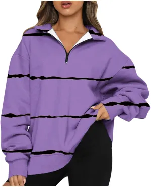 Womens Long Sleeve Oversized Fleece Sweatshirts Striped Pullover Tops 1/4 Zipper Casual Trendy Fall Clothes