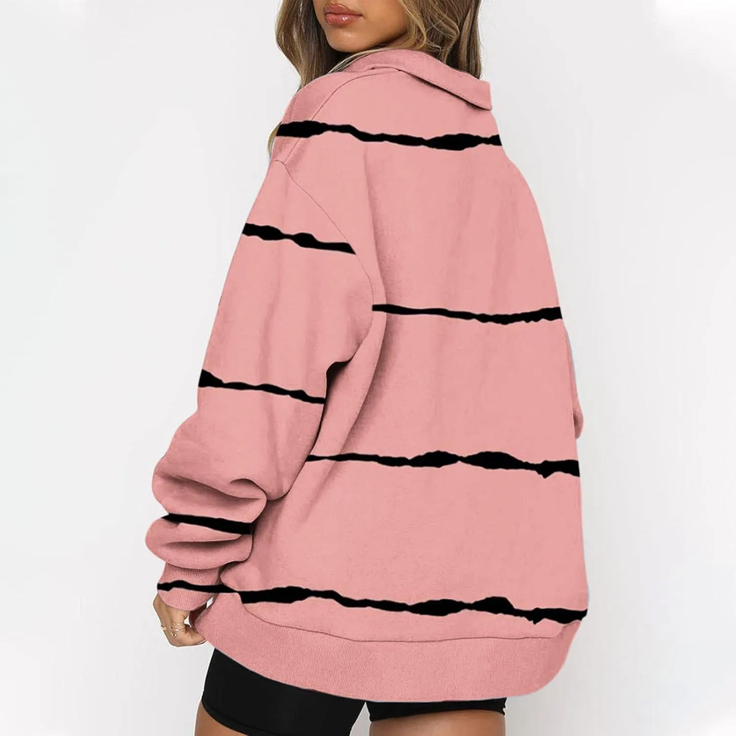 Womens Long Sleeve Oversized Fleece Sweatshirts Striped Pullover Tops 1/4 Zipper Casual Trendy Fall Clothes
