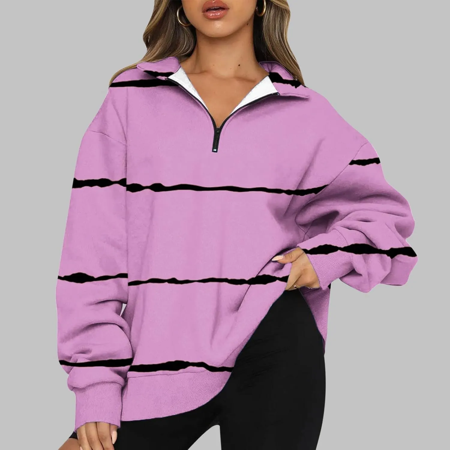 Womens Long Sleeve Oversized Fleece Sweatshirts Striped Pullover Tops 1/4 Zipper Casual Trendy Fall Clothes