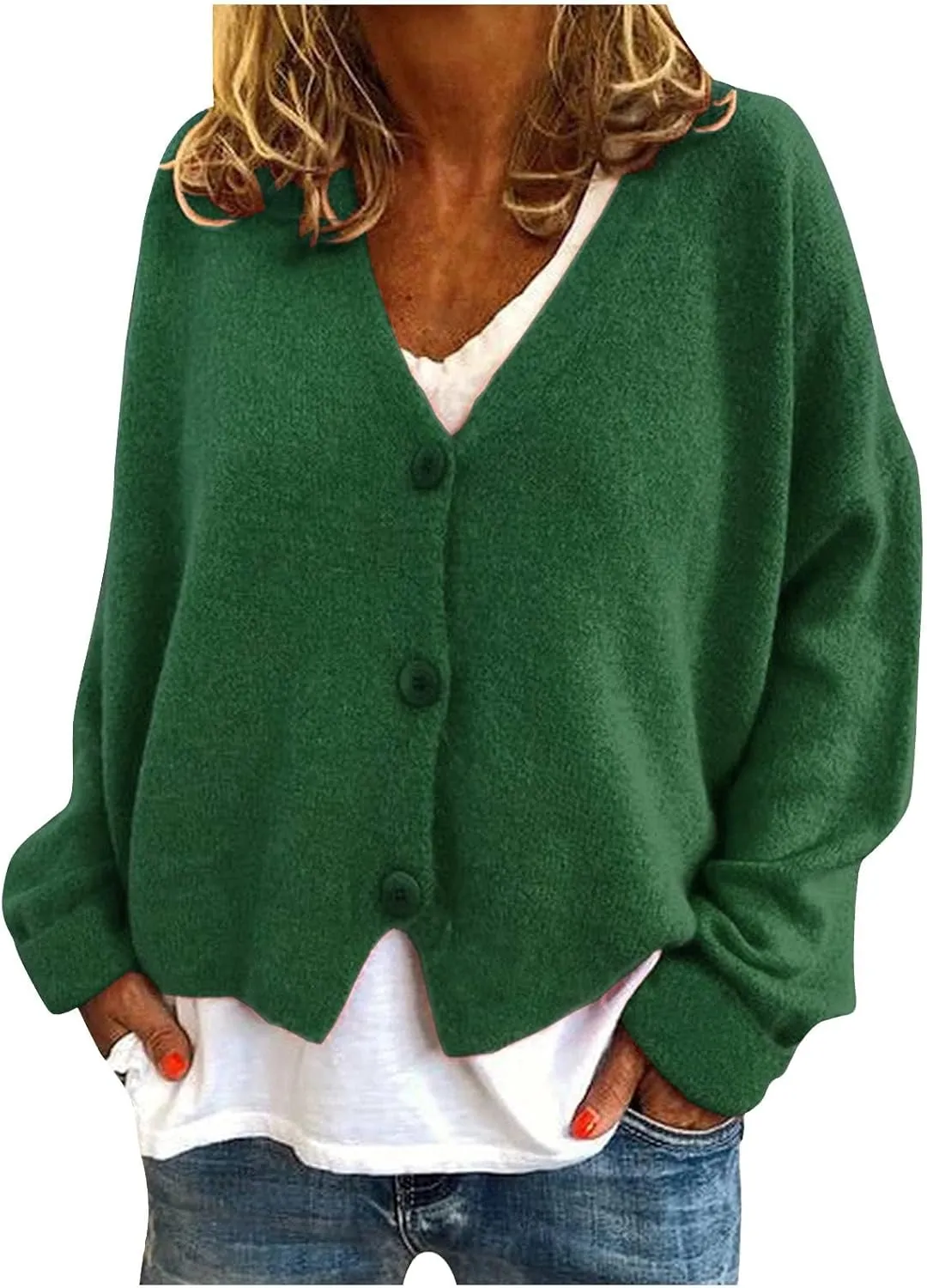 Women's Long Sleeve V-Neck Cardigans Soft Open Front Sweater Comfortable Loose Button Casual Fall Clothes