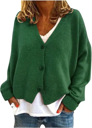 Women's Long Sleeve V-Neck Cardigans Soft Open Front Sweater Comfortable Loose Button Casual Fall Clothes