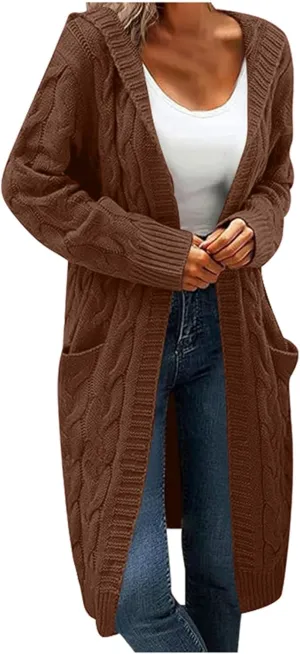 Womens Long Sweaters Long Sleeve Cable Knit Cardigan Sweaters for Women Chunky Sweater Open Front Cardigans Outwear Pocket