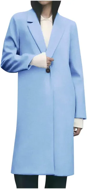 Womens Long Wool Blend Coat Notch Lapel One Button Trench Coat Midi Peacoat Outerwear Fall Winter Clothes