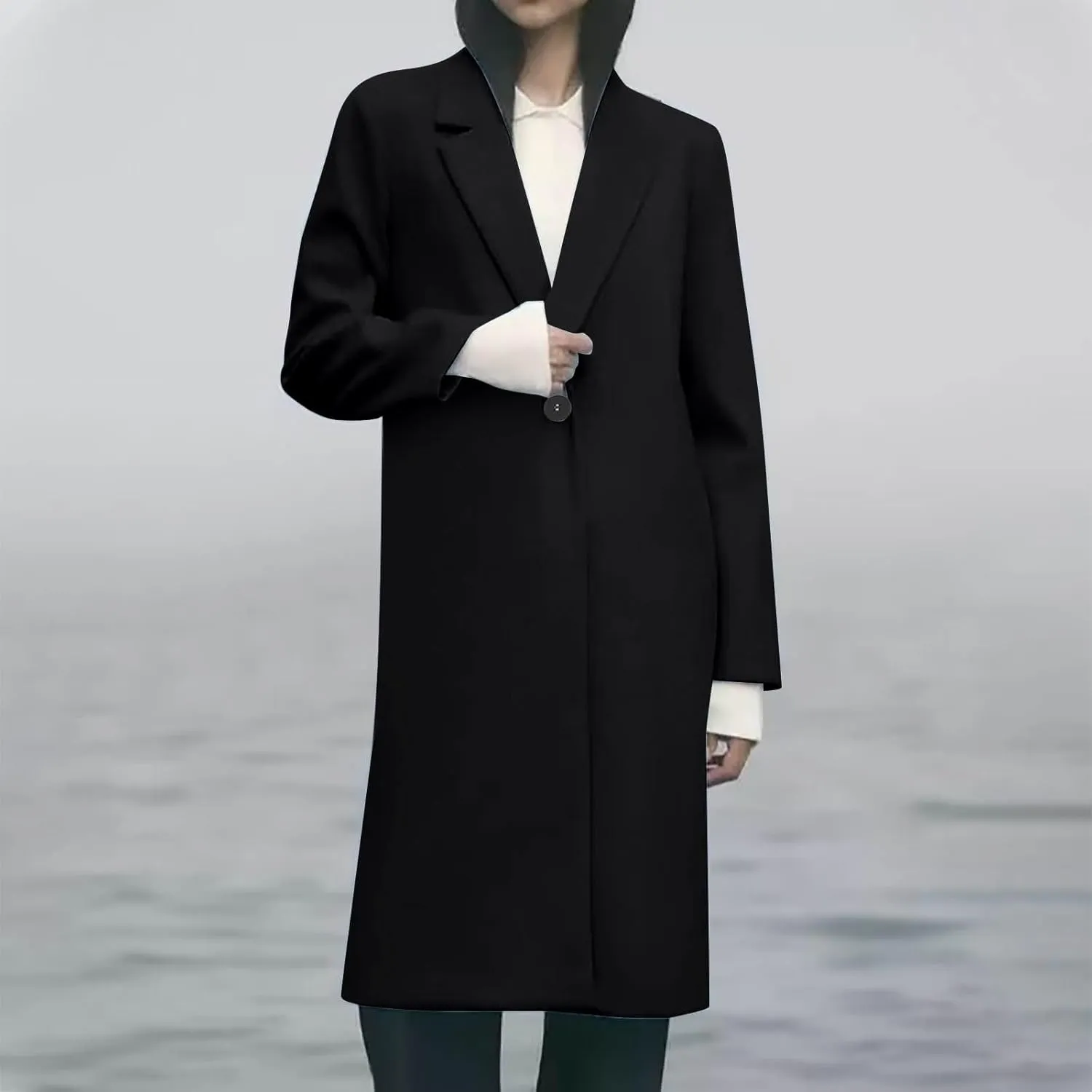 Womens Long Wool Blend Coat Notch Lapel One Button Trench Coat Midi Peacoat Outerwear Fall Winter Clothes
