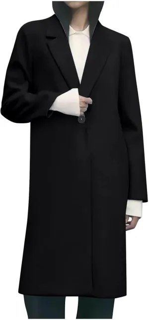 Womens Long Wool Blend Coat Notch Lapel One Button Trench Coat Midi Peacoat Outerwear Fall Winter Clothes